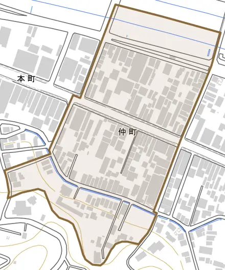 仲町とその周辺の地図。町の範囲を重ねている