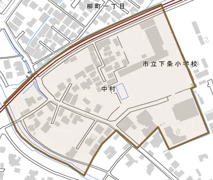 中村とその周辺の地図。町の範囲を重ねている