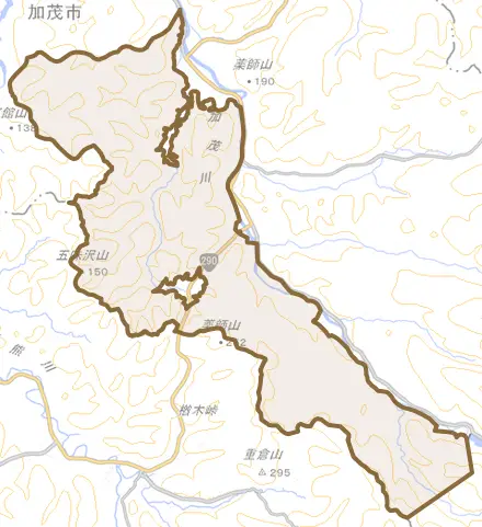 大字西山とその周辺の地図。町の範囲を重ねている