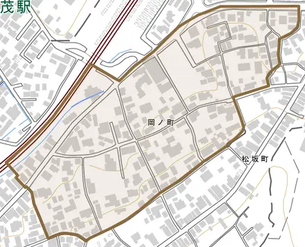 岡ノ町とその周辺の地図。町の範囲を重ねている