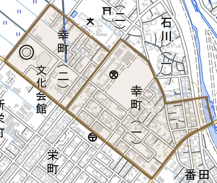 幸町とその周辺の地図。町の範囲を重ねている