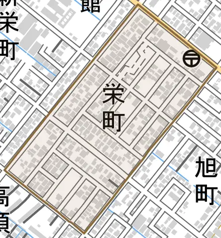 栄町とその周辺の地図。町の範囲を重ねている