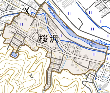 桜沢とその周辺の地図。町の範囲を重ねている