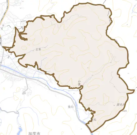 大字狭口とその周辺の地図。町の範囲を重ねている