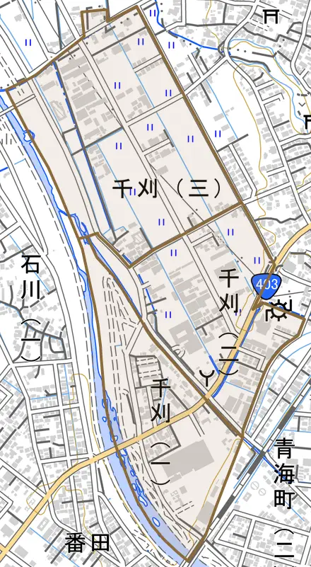 千刈とその周辺の地図。町の範囲を重ねている