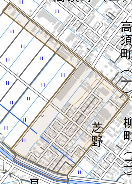 芝野とその周辺の地図。町の範囲を重ねている