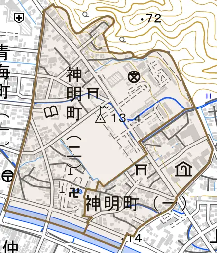 神明町とその周辺の地図。町の範囲を重ねている