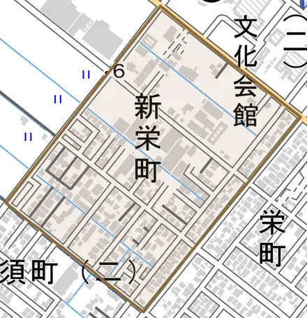 新栄町とその周辺の地図。町の範囲を重ねている