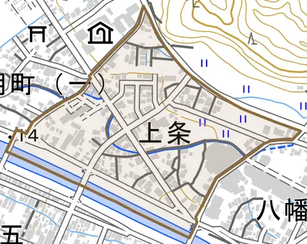 上条とその周辺の地図。町の範囲を重ねている