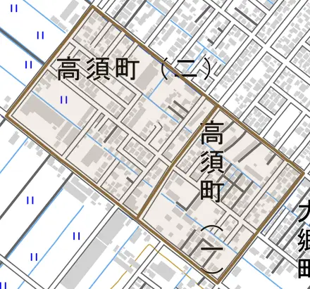 高須町とその周辺の地図。町の範囲を重ねている