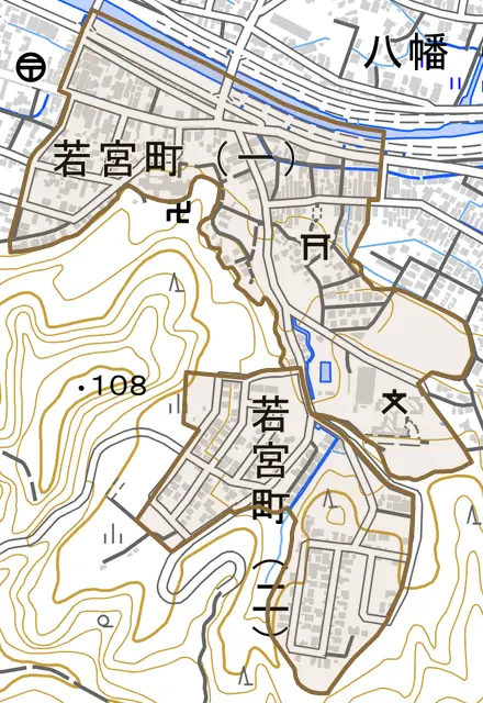 若宮町とその周辺の地図。町の範囲を重ねている