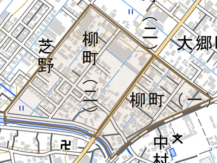 柳町とその周辺の地図。町の範囲を重ねている