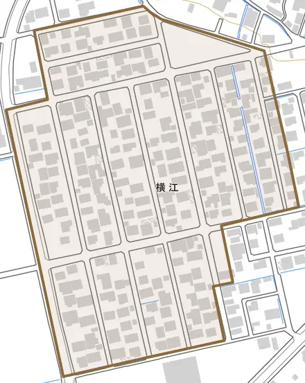 横江とその周辺の地図。町の範囲を重ねている