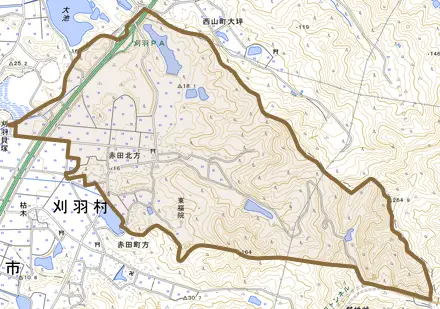 大字赤田北方とその周辺の地図。町の範囲を重ねている