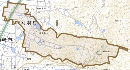 大字赤田町方とその周辺の地図。町の範囲を重ねている