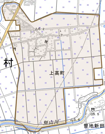 大字上高町とその周辺の地図。町の範囲を重ねている