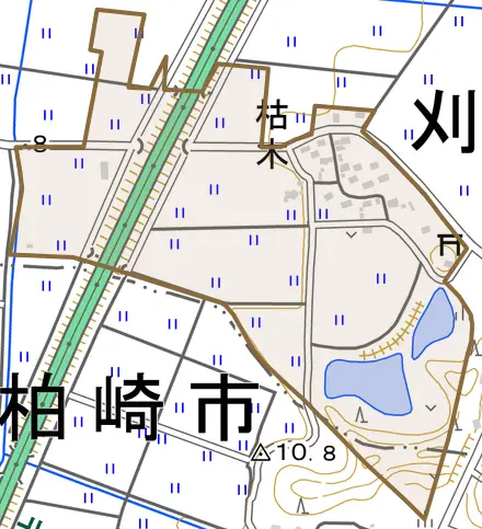 大字枯木とその周辺の地図。町の範囲を重ねている
