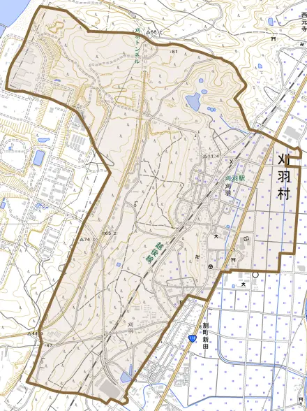 大字刈羽とその周辺の地図。町の範囲を重ねている
