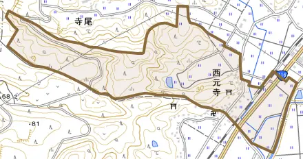 大字西元寺とその周辺の地図。町の範囲を重ねている