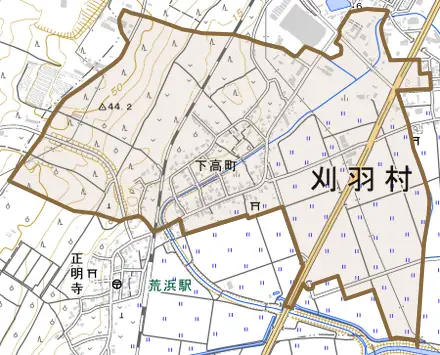 大字下高町とその周辺の地図。町の範囲を重ねている