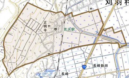 大字正明寺とその周辺の地図。町の範囲を重ねている