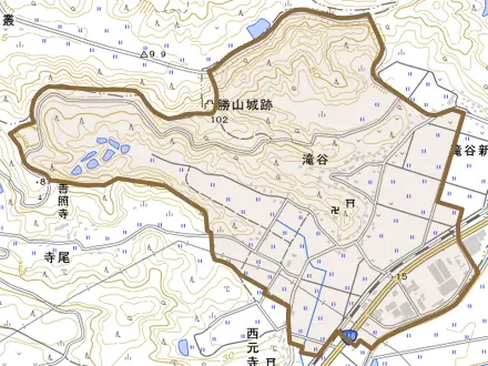 大字滝谷とその周辺の地図。町の範囲を重ねている