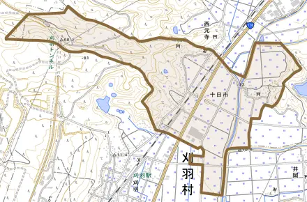 大字十日市とその周辺の地図。町の範囲を重ねている