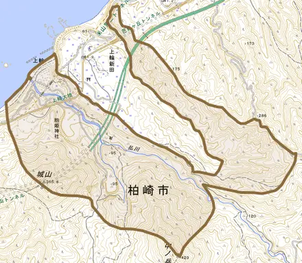 大字上輪とその周辺の地図。町の範囲を重ねている