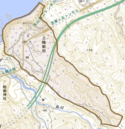 大字上輪新田とその周辺の地図。町の範囲を重ねている
