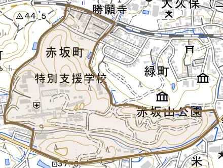 赤坂町とその周辺の地図。町の範囲を重ねている