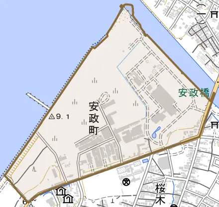 安政町とその周辺の地図。町の範囲を重ねている