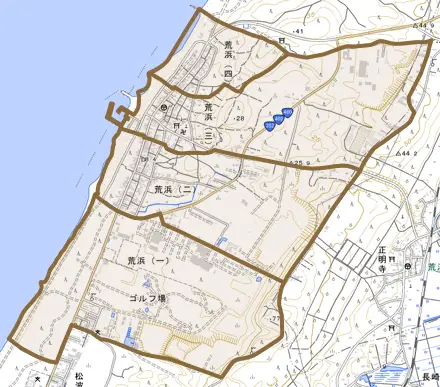 荒浜とその周辺の地図。町の範囲を重ねている