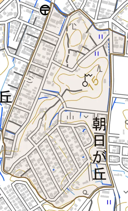 朝日が丘とその周辺の地図。町の範囲を重ねている