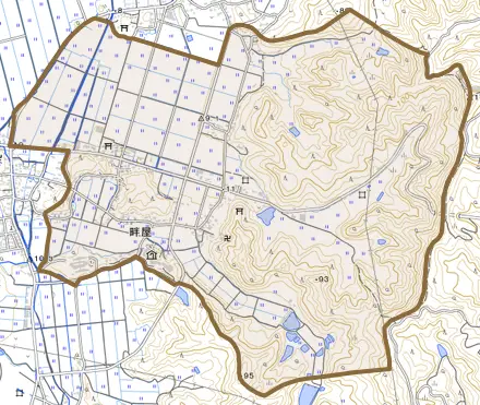 大字畔屋とその周辺の地図。町の範囲を重ねている