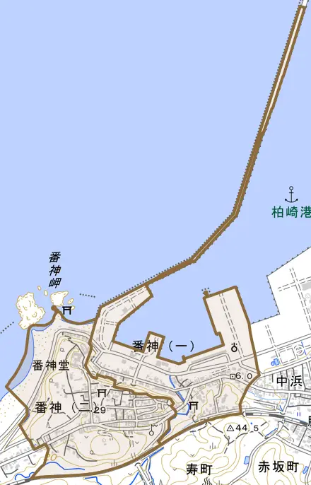 番神とその周辺の地図。町の範囲を重ねている