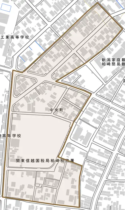 中央町とその周辺の地図。町の範囲を重ねている
