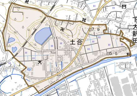大字土合とその周辺の地図。町の範囲を重ねている