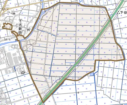 大字土合新田とその周辺の地図。町の範囲を重ねている