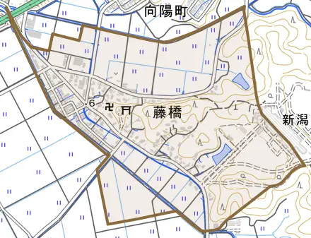大字藤橋とその周辺の地図。町の範囲を重ねている