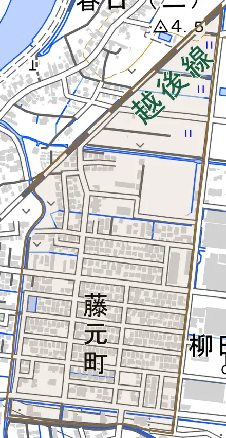 藤元町とその周辺の地図。町の範囲を重ねている