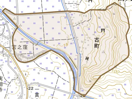大字古町とその周辺の地図。町の範囲を重ねている