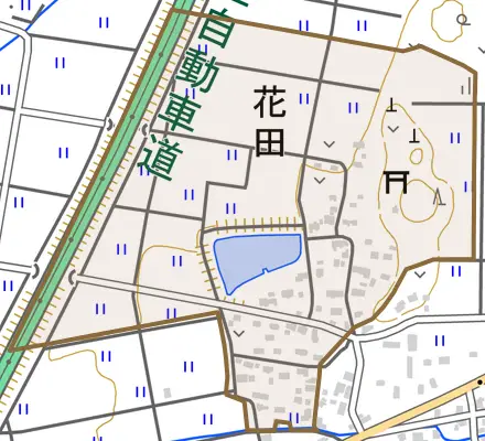 大字花田とその周辺の地図。町の範囲を重ねている