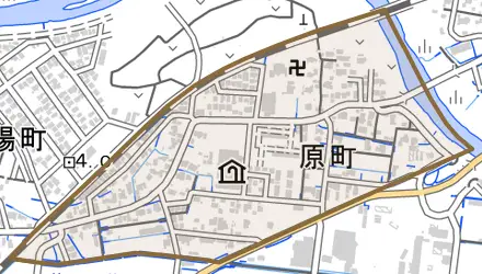 原町とその周辺の地図。町の範囲を重ねている