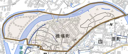 橋場町とその周辺の地図。町の範囲を重ねている