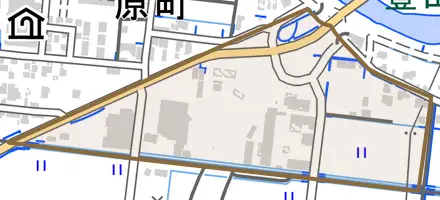 東原町とその周辺の地図。町の範囲を重ねている