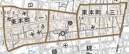 東本町とその周辺の地図。町の範囲を重ねている