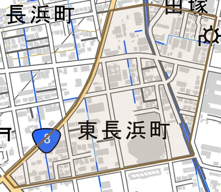 東長浜町とその周辺の地図。町の範囲を重ねている