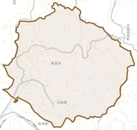 大字東長鳥とその周辺の地図。町の範囲を重ねている