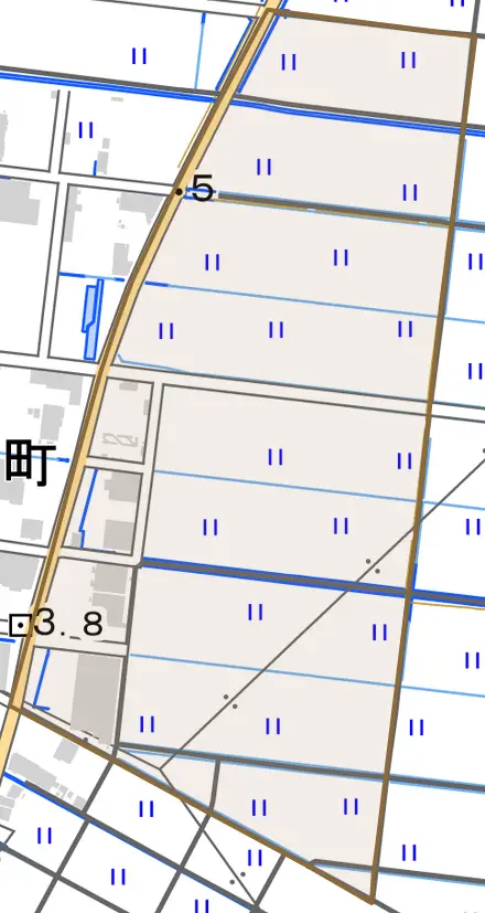 東柳田とその周辺の地図。町の範囲を重ねている