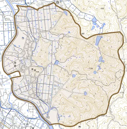 大字平井とその周辺の地図。町の範囲を重ねている